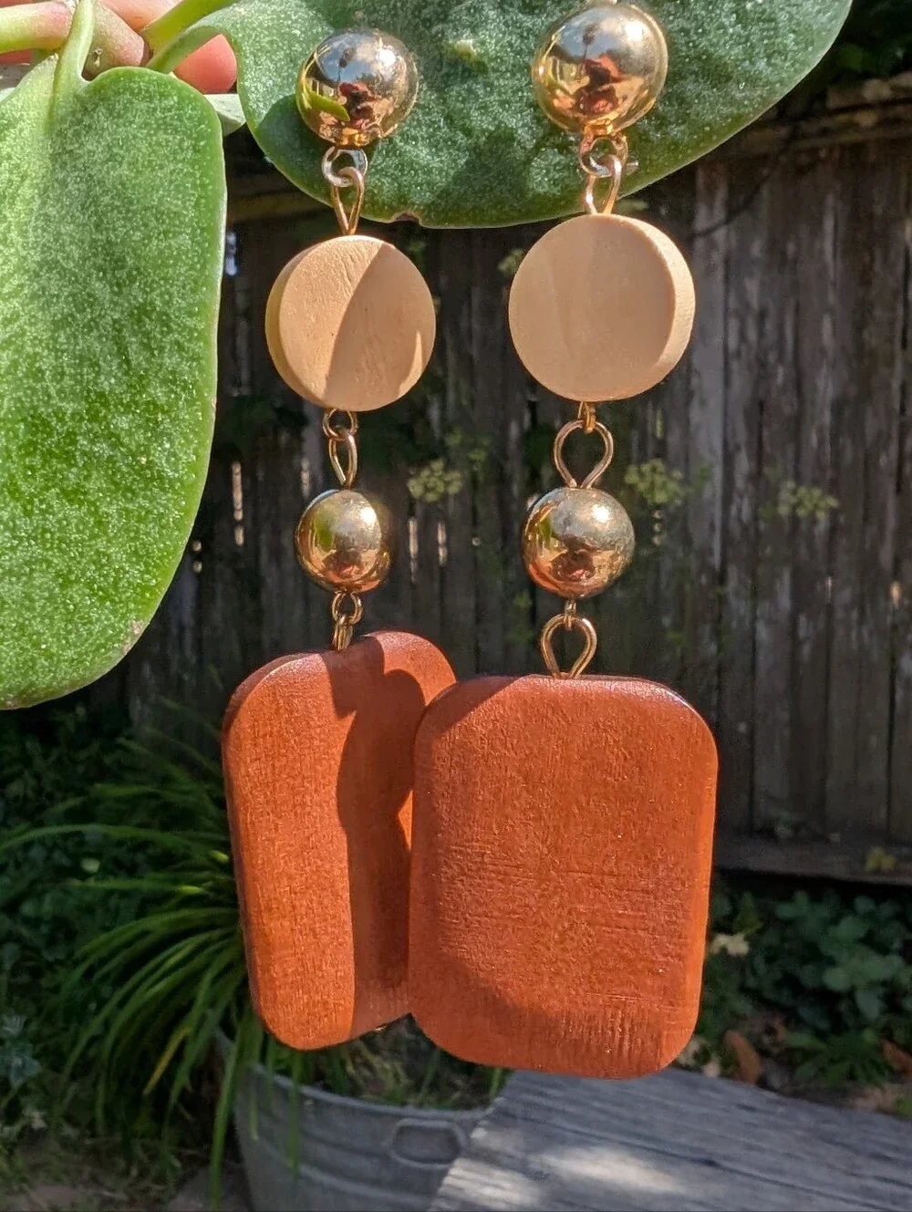 Wood and Gold Drop Earrings - Brown and Gold Chunky Earrings